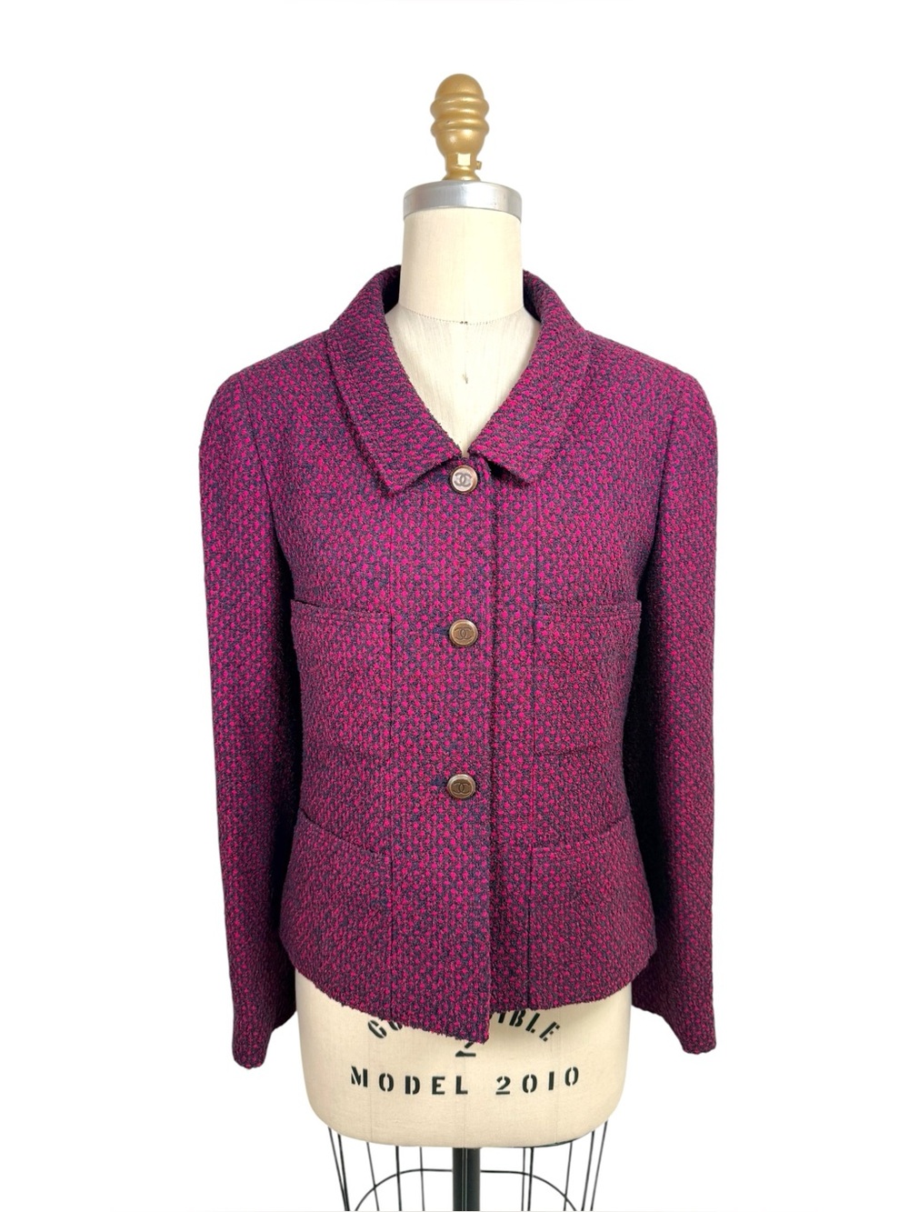 Chanel 1998 Fuchsia Navy Tweed CC Button Jacket